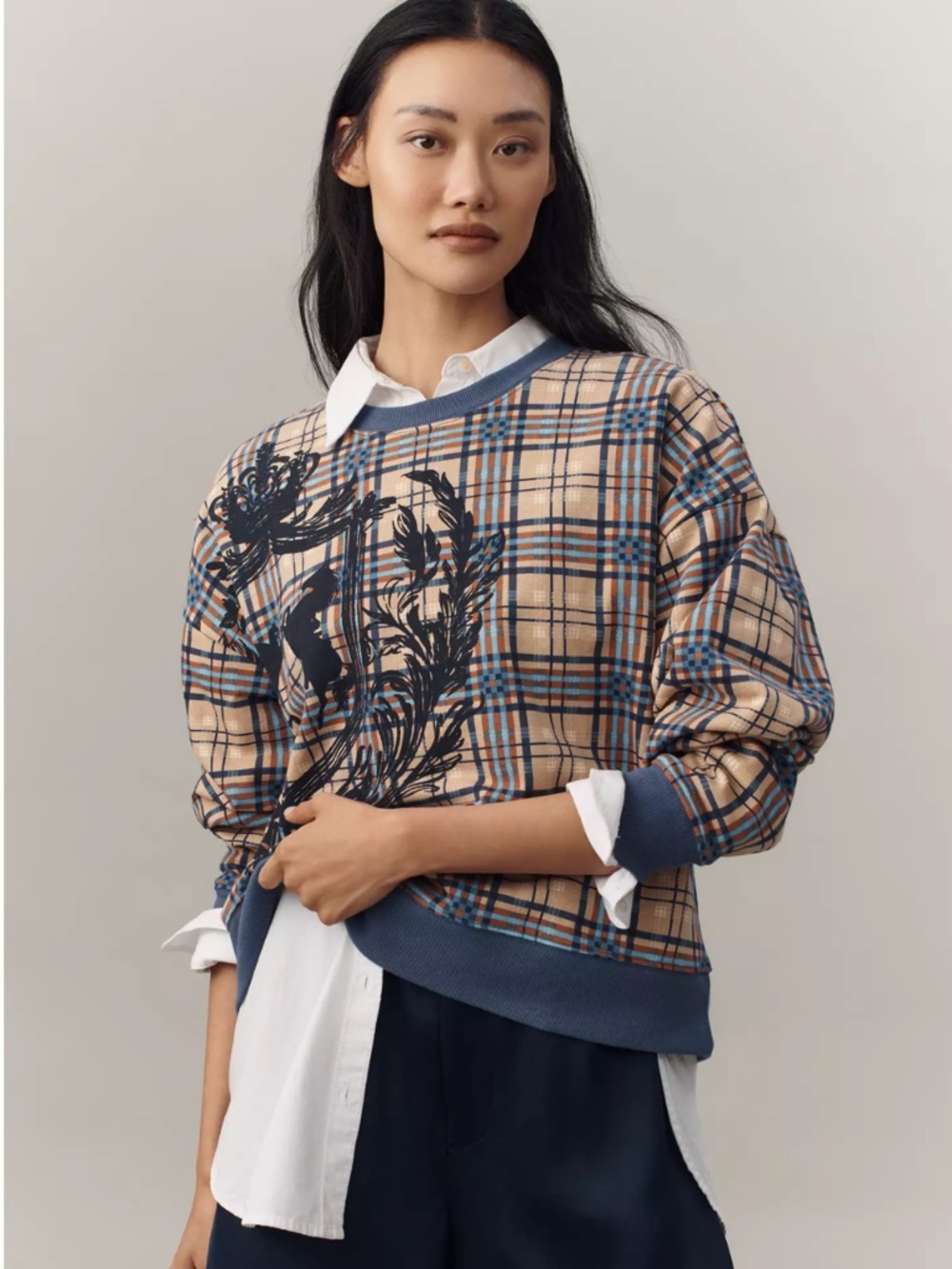 Maeve by Anthropologie Graphic Plaid Preppy Crew Neck Sweatshirt Size Small